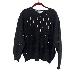 Retro Wool Beaded Knit Sweater L Black Pearl Tassel Rabbit Hair Preppy Old Money